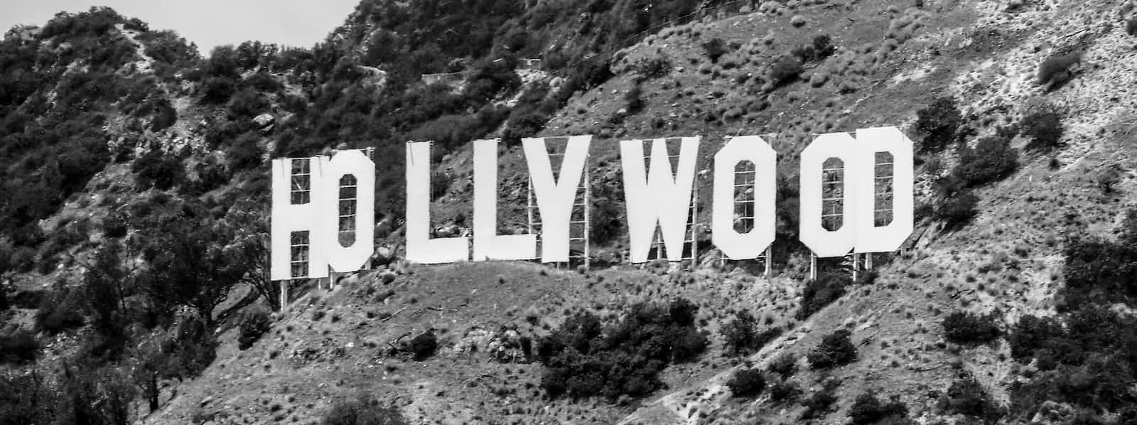 The Hollywood sign in black and white