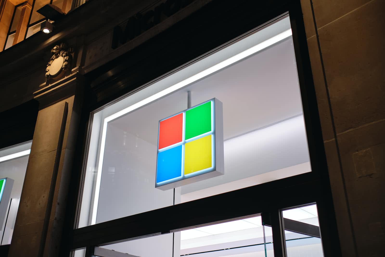 Microsoft logo on a Microsoft store window
