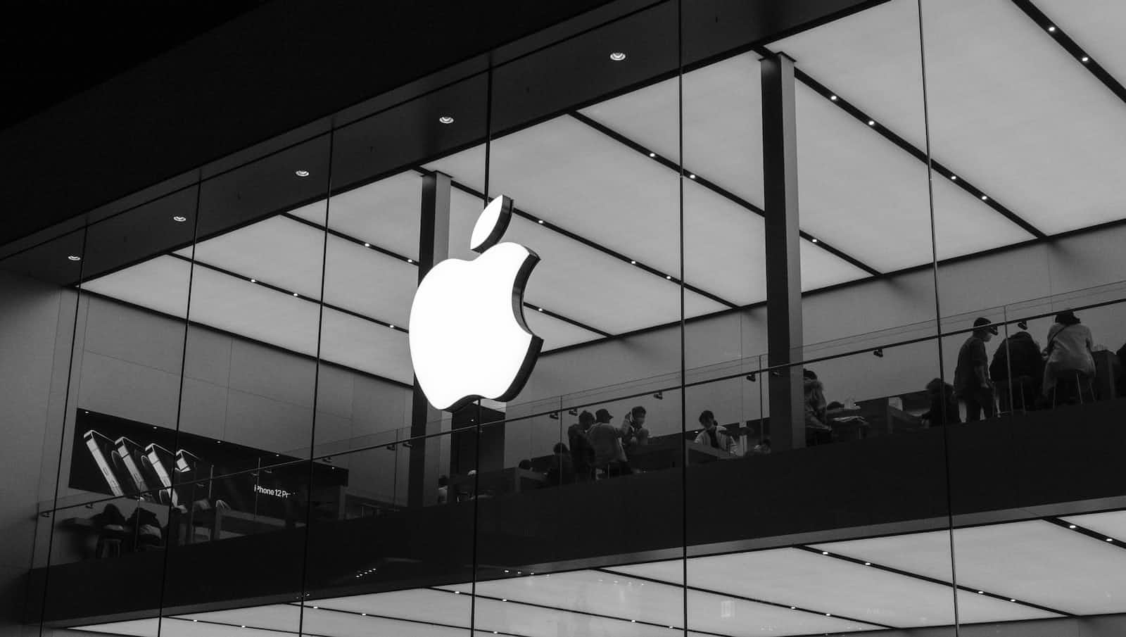 Apple store showing the Apple logo in black and white